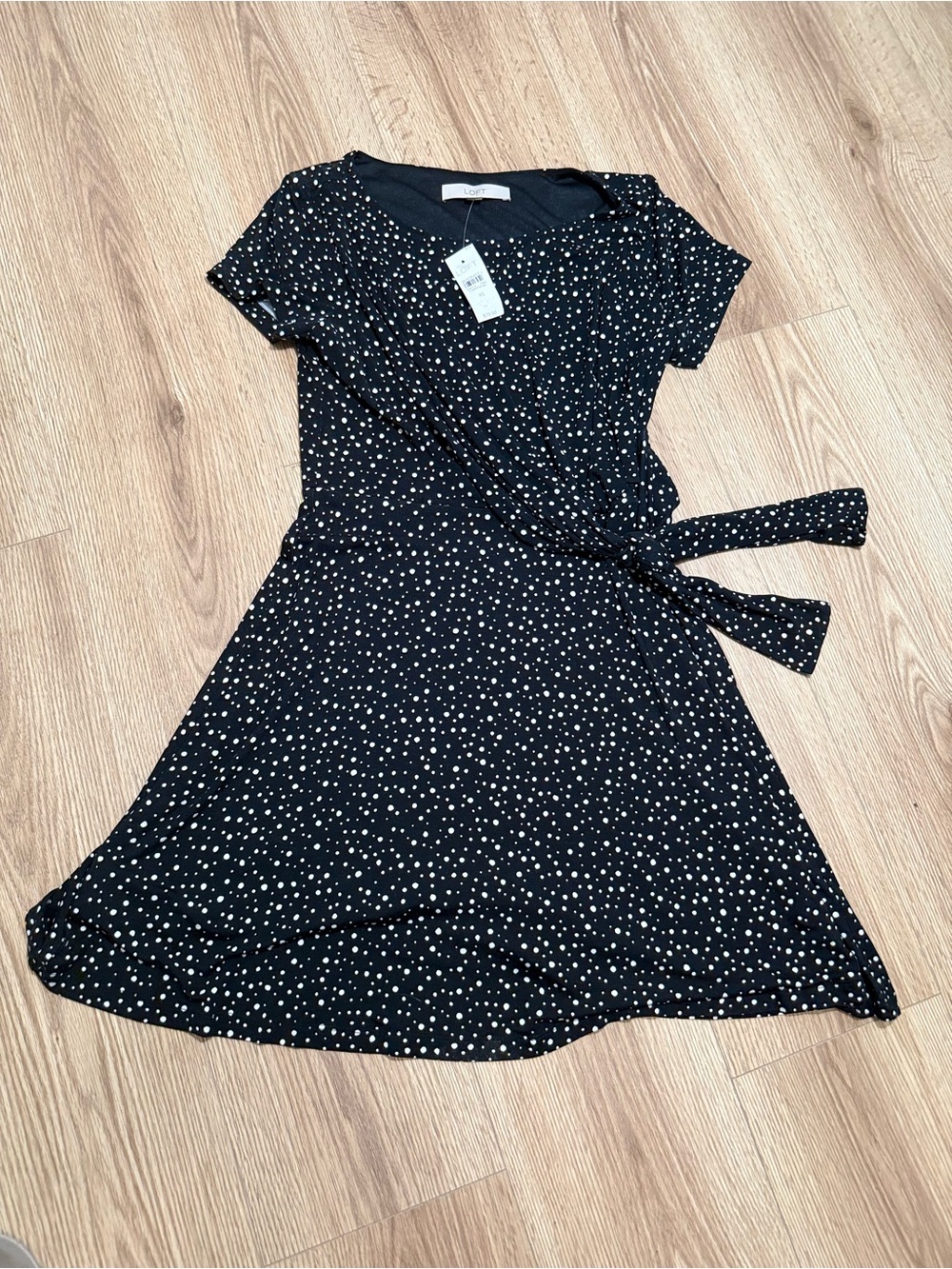 LOFT Womens Polka Dot Faux Wrap Dress Black White Tie Waist Flare XS NWT